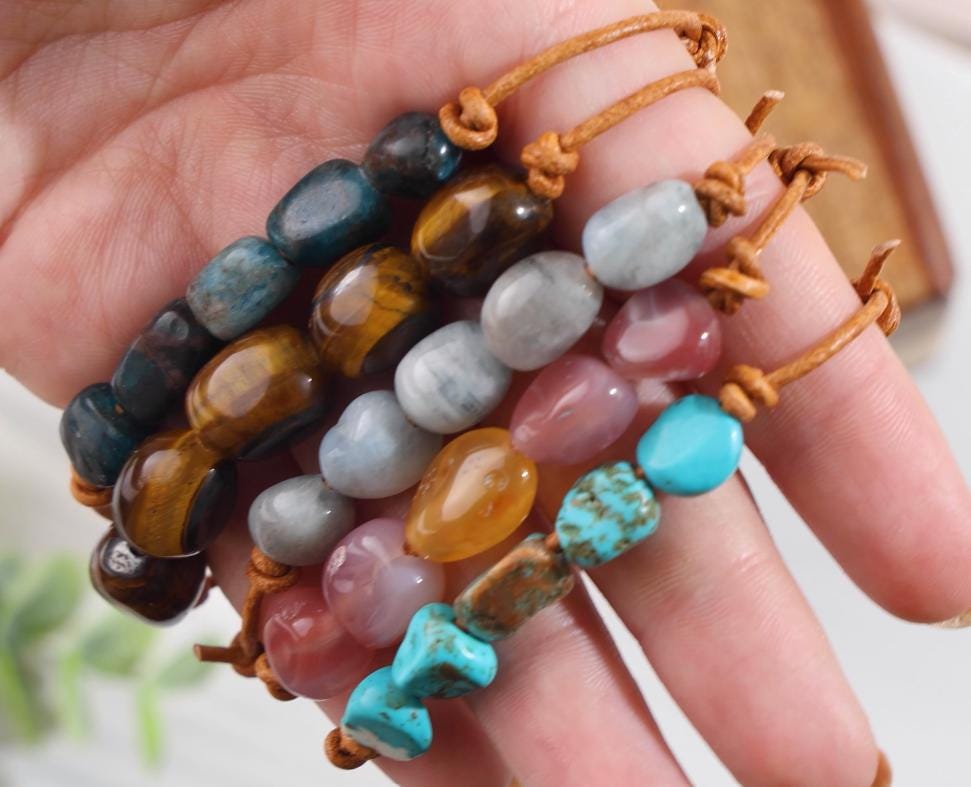 Personalized Gemstone Bracelet: Adjustable Leather Cord, Natural Stone